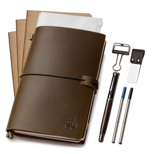 WANDERINGS A5 Travelers Notebook Bundle 6 x 85 15 x 22cm Genuine Leather Journal with Pen Holder Pen 2 Ink Refills PVC Folder Binder Clip - Image 1