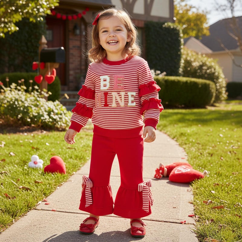 Mieeyali Toddler Girls Valentines Day Outfit Shirt Be Mine Heart Sweatshirt Gingham Bell Bottoms Top Flared Pants Set (Red Be Mine, 3-4T) - Image 2