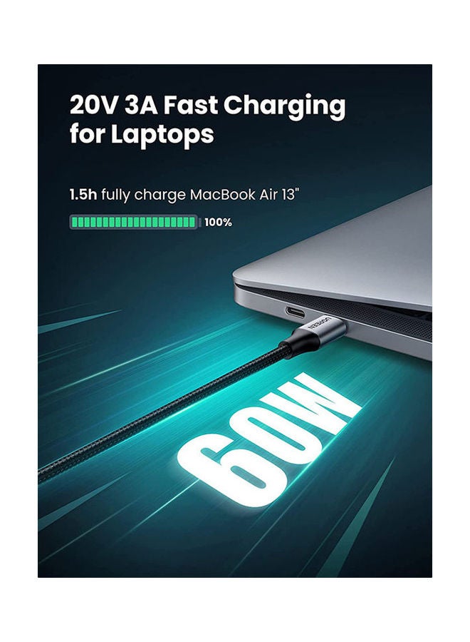 Ugreen 60W PD 3A USB Type C Male To Type C Male, Quick Charge Cable with 480Mbps Data Transfer Speed, Type-C Computers to Smartphones Data Syncing, 2M Grey Black - Image 3