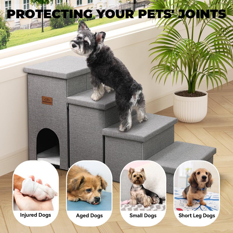 Zerbuger Dog Stairs 23" H, 4-Step Wider Dog Steps for High Beds Window, Folding Storage Pet Stairs Gift for Small/Medium/Large Old Dogs Cats, Ramp for Climbing Car Up to 200 lbs (Gray, with Condo) - Image 3
