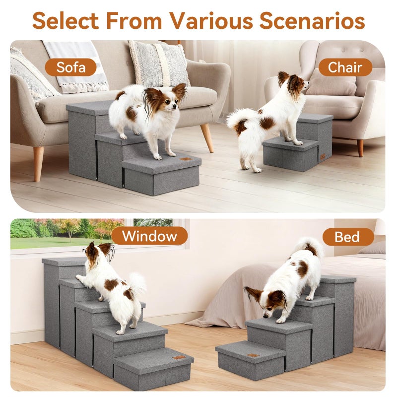 Zerbuger Dog Stairs 23" H, 4-Step Wider Dog Steps for High Beds Window, Folding Storage Pet Stairs Gift for Small/Medium/Large Old Dogs Cats, Ramp for Climbing Car Up to 200 lbs (Gray, with Condo) - Image 2