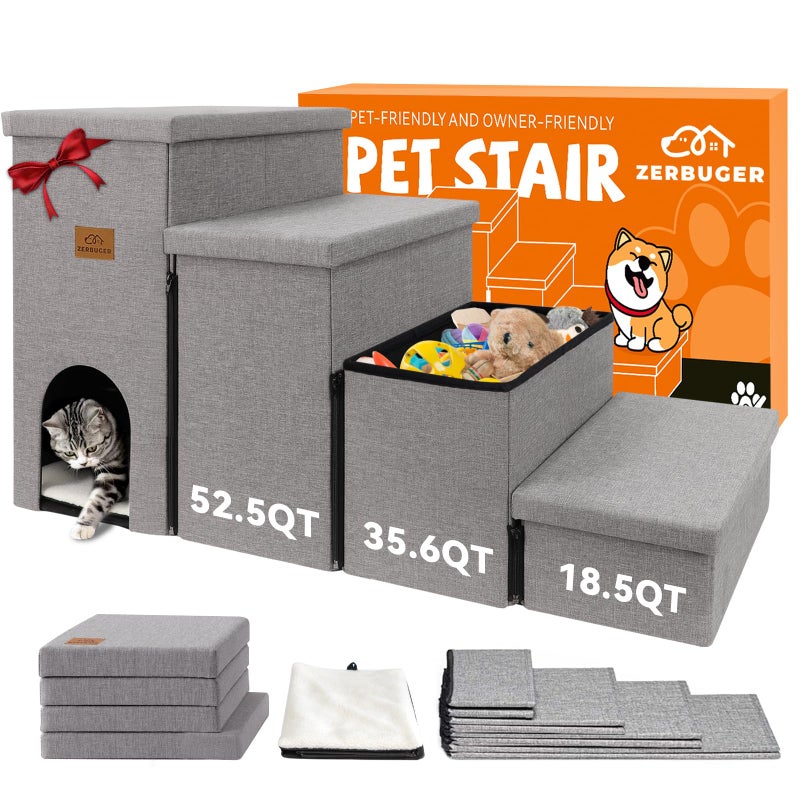 Zerbuger Dog Stairs 23" H, 4-Step Wider Dog Steps for High Beds Window, Folding Storage Pet Stairs Gift for Small/Medium/Large Old Dogs Cats, Ramp for Climbing Car Up to 200 lbs (Gray, with Condo) - Image 1