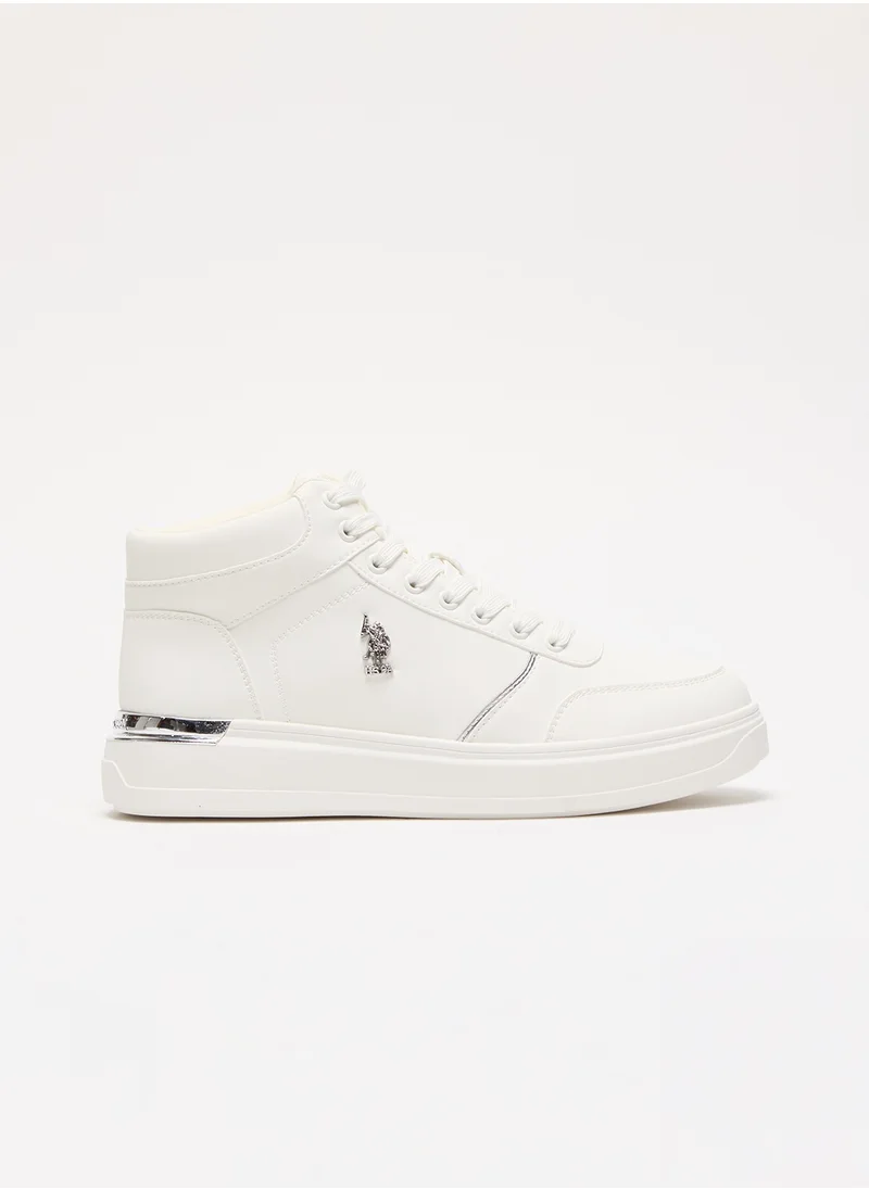 يو اس بولو اسن Women's White High-Top Sneakers with Golden Accents - Sleek and Modern Design