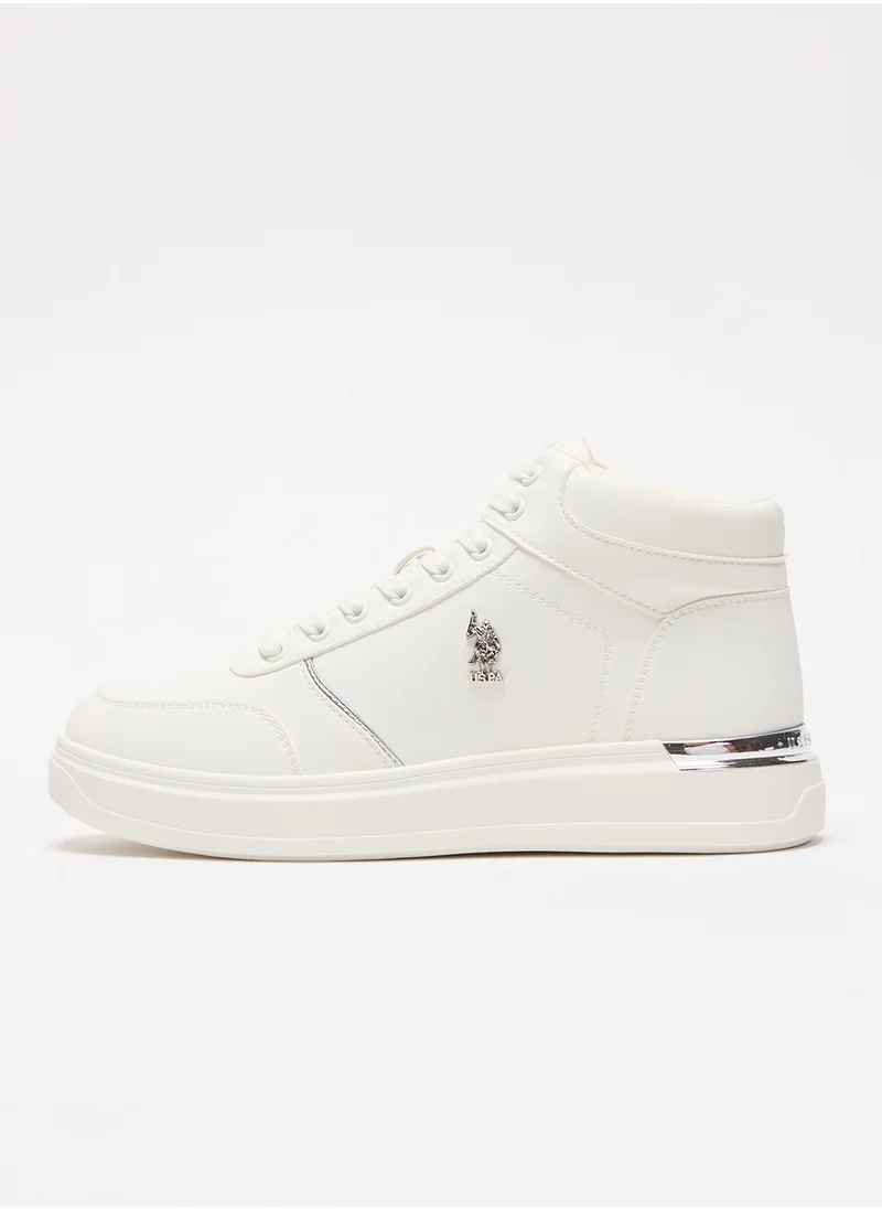 يو اس بولو اسن Women's White High-Top Sneakers with Golden Accents - Sleek and Modern Design