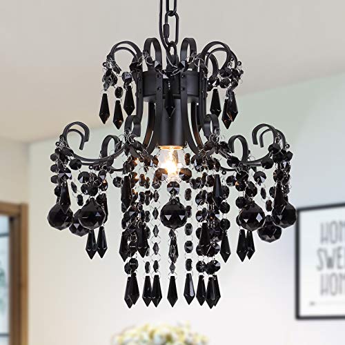 QS Q&S Mini Crystal Chandelier, Modern Black Small Chandelier 1-Light Crystal Pendant Light Fixture for Princess House Nursery Girls Hallway Entryway Bedroom Foyer Bathroom Kitchen W11.8 UL Listed - Image 1