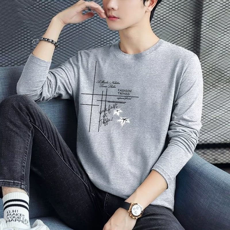 Manufacturer Men'S T-Shirt Long Sleeve Round Neck Fashion Brand Letter Printing All-Match Outer Wear Fashionable Loose Plus Size Bottoming Shirt - Image 1