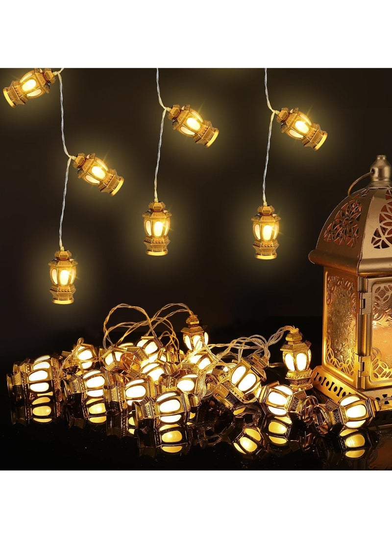 جورونب سلسلة أضواء عيد رمضان - 9.8 قدم 20 مصباح LED لتزيين مبارك فانوس ذهبي مع وضعين للإضاءة يعمل بالبطارية للاستخدام الداخلي الإسلامي للمنزل والحديقة والفناء والحفلات، إضاءة دافئة  - Image 1