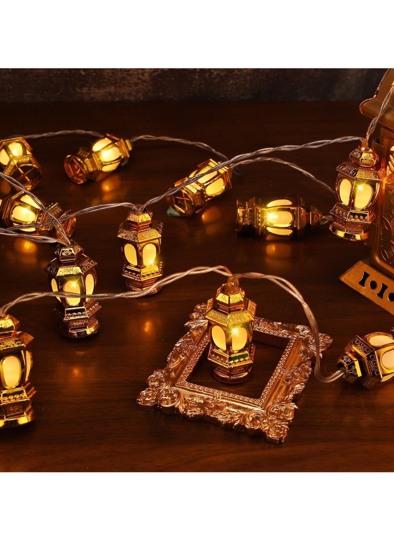 جورونب سلسلة أضواء عيد رمضان - 9.8 قدم 20 مصباح LED لتزيين مبارك فانوس ذهبي مع وضعين للإضاءة يعمل بالبطارية للاستخدام الداخلي الإسلامي للمنزل والحديقة والفناء والحفلات، إضاءة دافئة  - Image 2