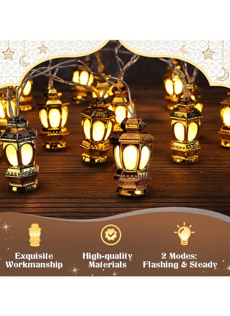 جورونب سلسلة أضواء عيد رمضان - 9.8 قدم 20 مصباح LED لتزيين مبارك فانوس ذهبي مع وضعين للإضاءة يعمل بالبطارية للاستخدام الداخلي الإسلامي للمنزل والحديقة والفناء والحفلات، إضاءة دافئة  - Image 3