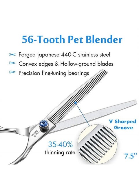 7.5" 56-Tooth Blending Dogs Grooming Scissors Cats Thinning Shears Pets Blender Thinner Trimming Texturizing Kit with Offset Handle Blue Jewelled Screw (7.5 Inch)