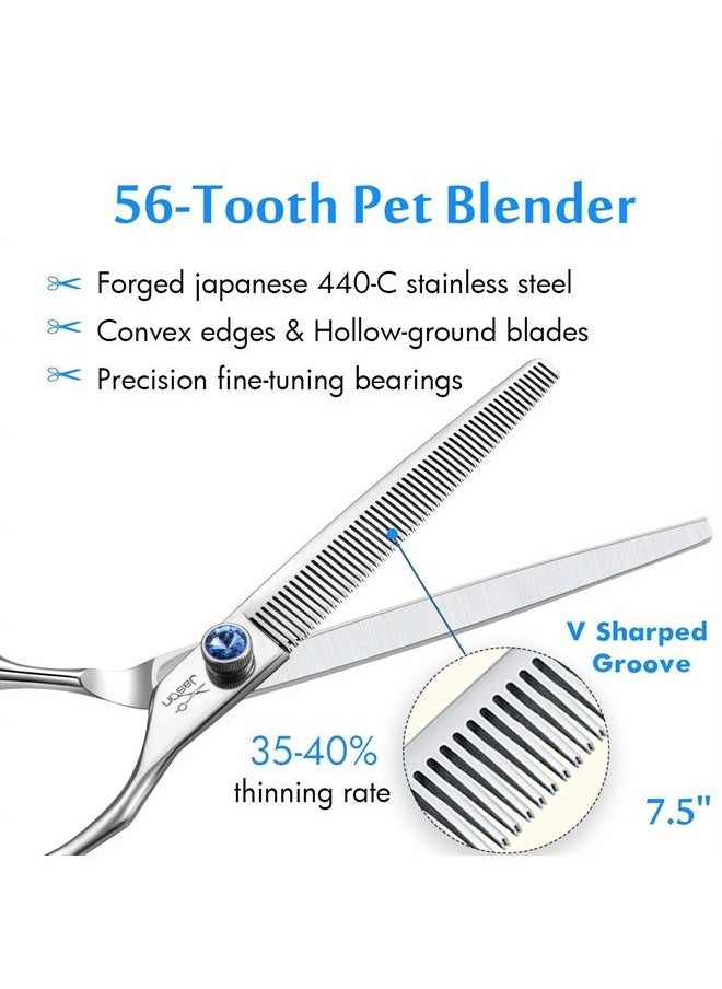 Jason 7.5" 56-Tooth Blending Dogs Grooming Scissors Cats Thinning Shears Pets Blender Thinner Trimming Texturizing Kit with Offset Handle Blue Jewelled Screw (7.5 Inch) 