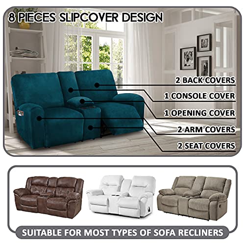ULTICOR Ultimate Decor Reclining Love Seat with Middle Console Slipcover, 8-Piece Velvet Stretch Loveseat Reclining Sofa Covers, 2 seat Love seat Recliner Cover, Thick, Soft, Washable, (Deep Teal) - Image 2