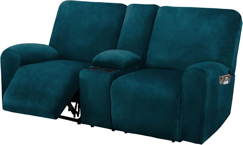 ULTICOR Ultimate Decor Reclining Love Seat with Middle Console Slipcover, 8-Piece Velvet Stretch Loveseat Reclining Sofa Covers, 2 seat Love seat Recliner Cover, Thick, Soft, Washable, (Deep Teal) - Image 1