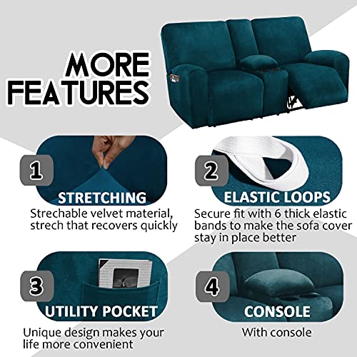 ULTICOR Ultimate Decor Reclining Love Seat with Middle Console Slipcover, 8-Piece Velvet Stretch Loveseat Reclining Sofa Covers, 2 seat Love seat Recliner Cover, Thick, Soft, Washable, (Deep Teal) - Image 4