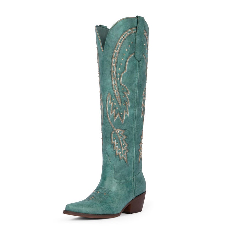 QIY Turquoise Cowboy Boots for Women Embroidered Rhinestone Pointed Toe Slip on Cow Girl Classic Block Heel Nashville Knee High Western Cowgirl Boots Size 7 - Image 1