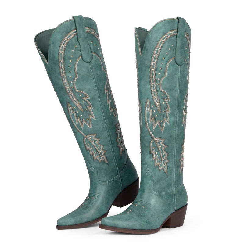 QIY Turquoise Cowboy Boots for Women Embroidered Rhinestone Pointed Toe Slip on Cow Girl Classic Block Heel Nashville Knee High Western Cowgirl Boots Size 7 - Image 4