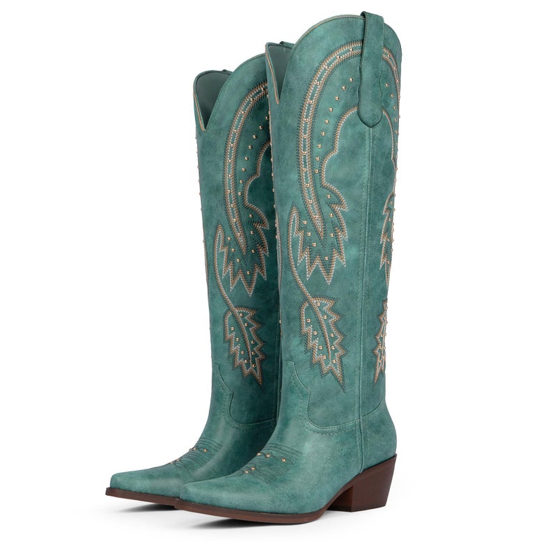 QIY Turquoise Cowboy Boots for Women Embroidered Rhinestone Pointed Toe Slip on Cow Girl Classic Block Heel Nashville Knee High Western Cowgirl Boots Size 7 - Image 5