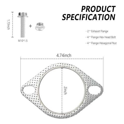 KIFIDAN 2PCS Exhaust Gasket + 4PCS Exhaust Bolts,2" 2-Bolt Exhaust Flange Gasket Replaces OEM#120-06310-0002,Car Accessories Exhaust Flange Repair Kit for Cars,Trucks (2in) - Image 2