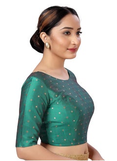 Studio Shringaar Studio Shringaar Women Silky Brocade Readymade Elbow Length Sleeves Saree Blouse(Rama Green, 48)  - Image 3