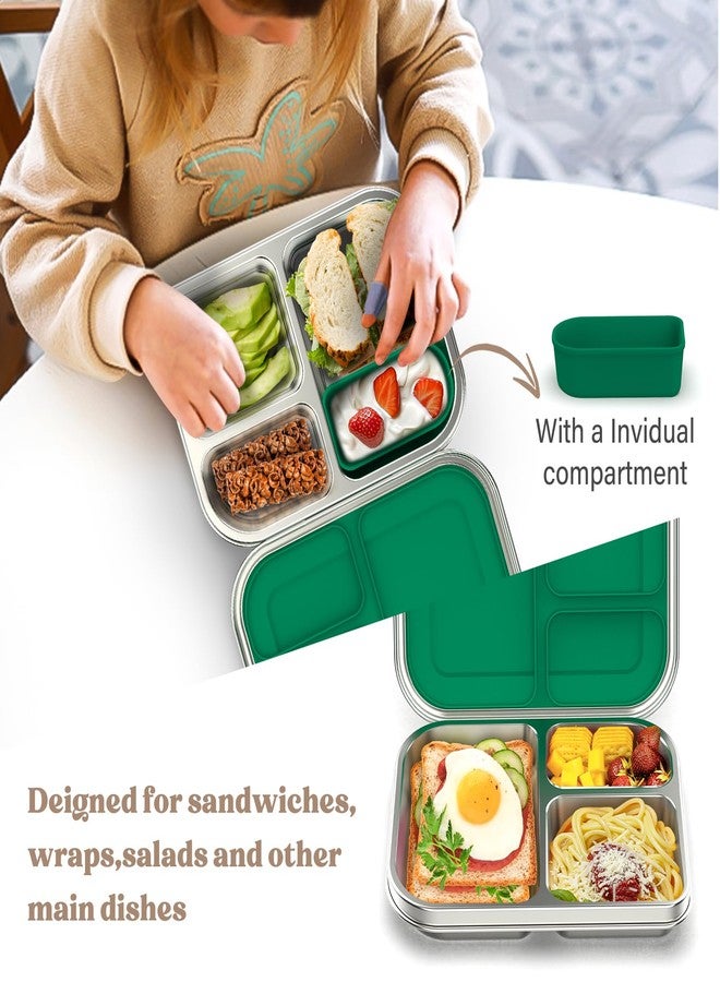 BABHAMNESS Stainless Steel Bento Box Kids, 3 Compartments Leak Proof Metal Bento Lunch Box, 304 Stainless Steel Bento Lunch Containers for School and Office,Dishwasher Safe, BPA-Free-Green - Image 2
