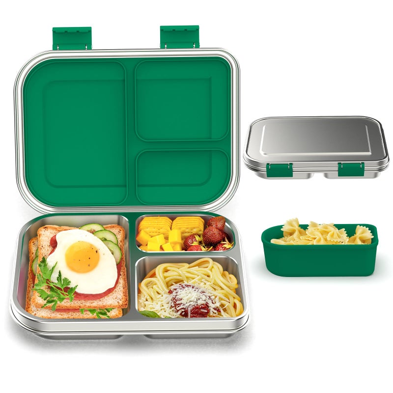 BABHAMNESS Stainless Steel Bento Box Kids, 3 Compartments Leak Proof Metal Bento Lunch Box, 304 Stainless Steel Bento Lunch Containers for School and Office,Dishwasher Safe, BPA-Free-Green - Image 1