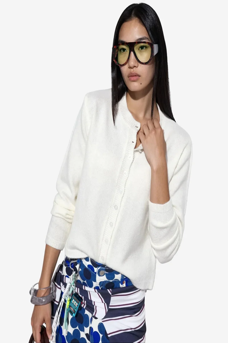 Viorna VIORNA Ribbed Crew Neck Button Cardigan