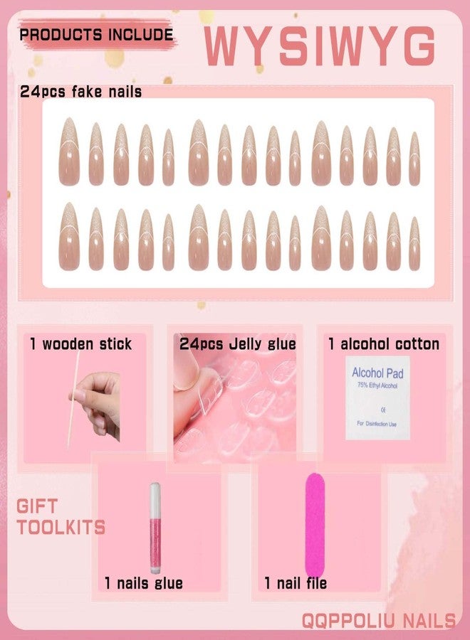 QQPPOLIU French Nails Almond Nails Press on Ombre Fake Nails Pink Press on Nails Glitter False Nails Cute Acrylic Nails for Girls 24pcs - Image 4