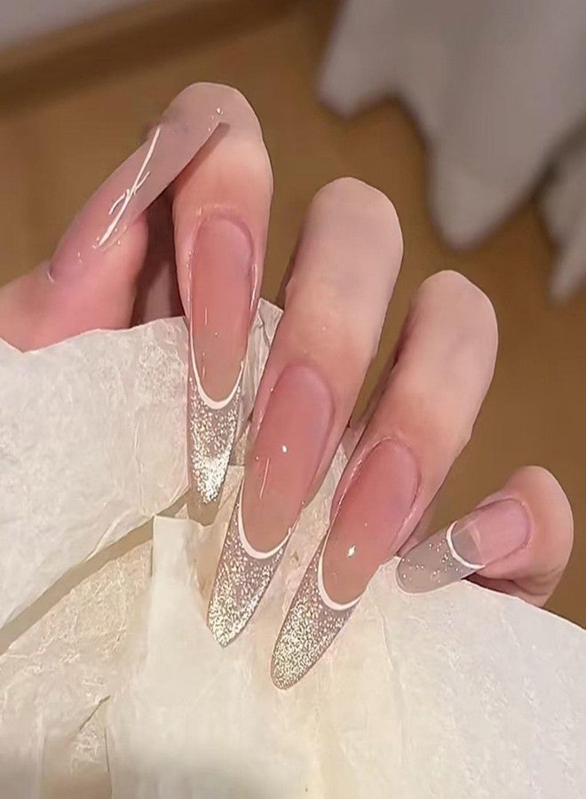QQPPOLIU French Nails Almond Nails Press on Ombre Fake Nails Pink Press on Nails Glitter False Nails Cute Acrylic Nails for Girls 24pcs - Image 1