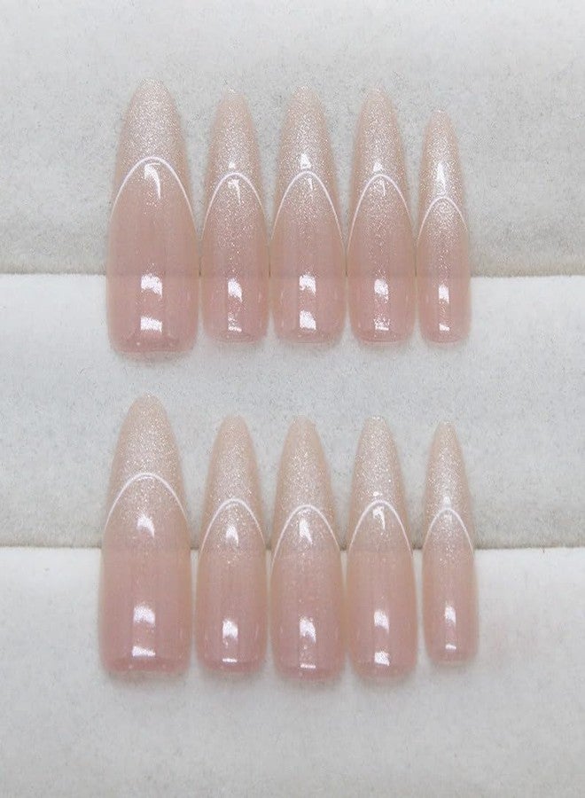 QQPPOLIU French Nails Almond Nails Press on Ombre Fake Nails Pink Press on Nails Glitter False Nails Cute Acrylic Nails for Girls 24pcs - Image 3