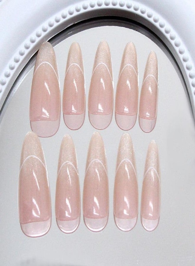QQPPOLIU French Nails Almond Nails Press on Ombre Fake Nails Pink Press on Nails Glitter False Nails Cute Acrylic Nails for Girls 24pcs - Image 2