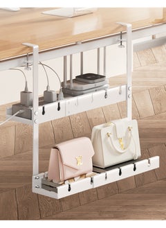 XiuWoo Double Layer Under Desk Cable Management Tray - No Drilling, Adjustable from 12.5" to 21.6" - Retractable Power Strip Cord Organizer for Neat Wire Management 