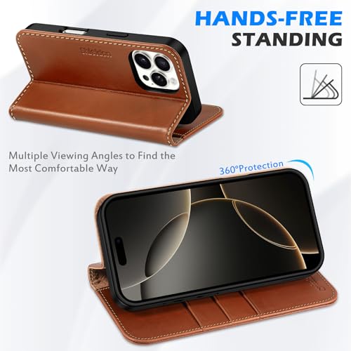 SHIELDON Case for iPhone 16 Pro Max 5G 2024, Genuine Leather Folio Wallet Magnetic Kickstand RFID Blocking Card Slots Shock-Absorbent Phone Cover Compatible with iPhone 16 Pro Max 6.9" - Retro Brown - Image 5