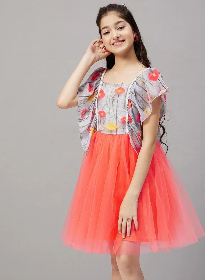 Stylo Bug Stylo Bug Frill Sleeve Printed Dress with Mesh Insert