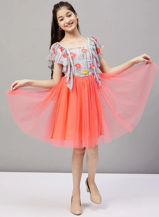 Stylo Bug Stylo Bug Frill Sleeve Printed Dress with Mesh Insert