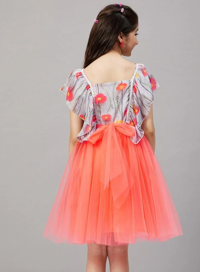 Stylo Bug Stylo Bug Frill Sleeve Printed Dress with Mesh Insert