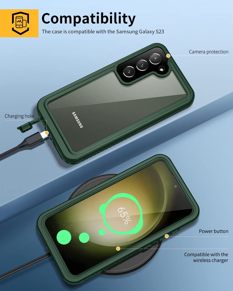 Lanhiem for Samsung Galaxy S23 Case (Not for S23 Plus), IP68 Waterproof Dustproof Case with Built-in Screen Protector, Heavy Duty Full Body Protective Cover for Galaxy S23 5G 6.1 Inch, Green/Clear - Image 5