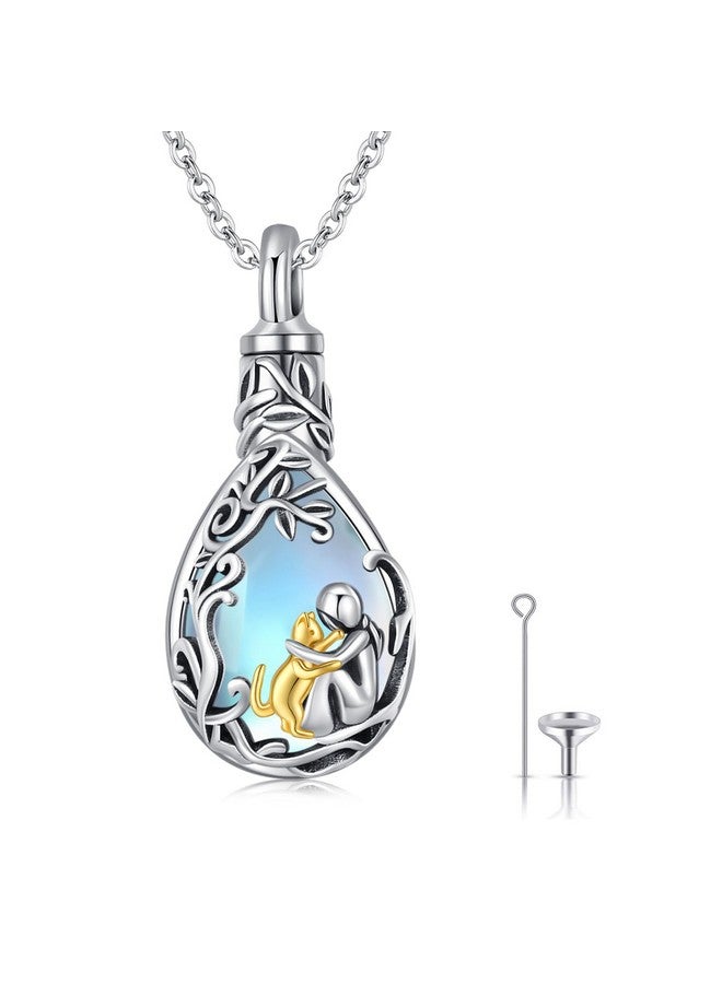JUSTKIDSTOY Cat Urn Necklace for Ashes S925 Sterling Silver Moonstone Teardrop Pendant Necklace Pet Cremation Jewelry Keepsake Memorial Gifts for Women - Image 1