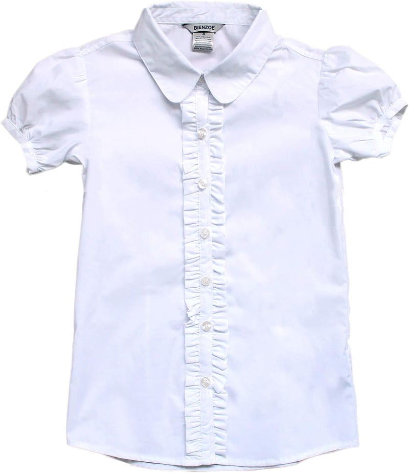 Bienzoe Girls Shirt Short Sleeve: White Button Up Kids School Uniform Cotton Oxford Collar Ruffle Dress Blouse - Image 1