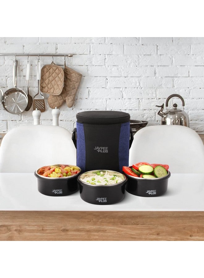 JAYPEE PLUS صندوق غداء مكتبي من الفولاذ المقاوم للصدأ Jaypee Plus Microplus سعة 400 مل | خالي من BPA وآمن للاستخدام في الميكروويف ومقاوم للتسرب مع 3 حاويات محكمة الإغلاق | يشمل حقيبة معزولة | مثالي للجامعة والمدرسة (أسود) - Image 2