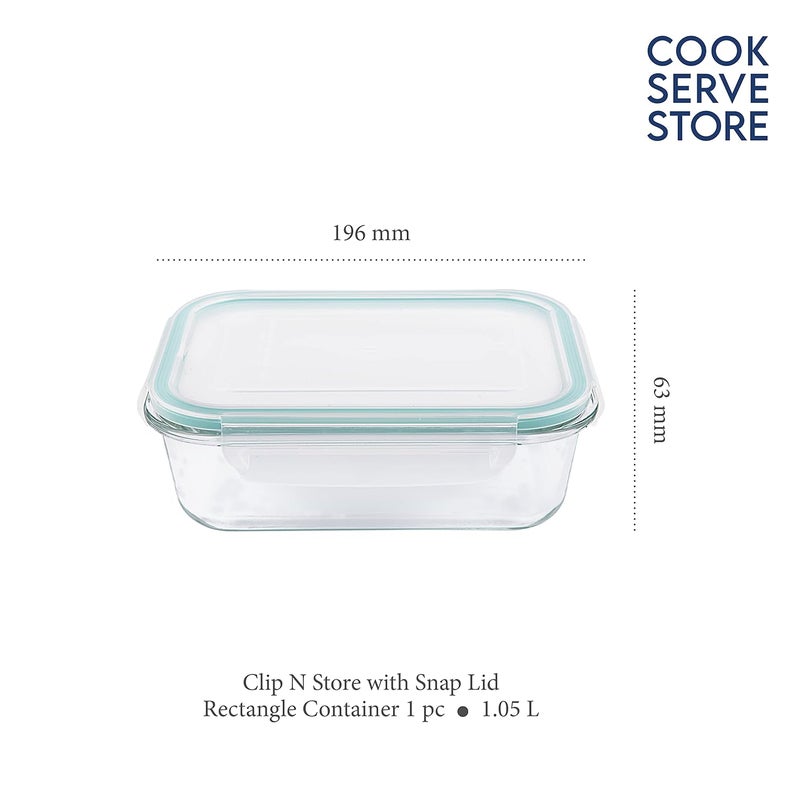 La Opala Cook Serve Store 100% Borosilicate Glass Storage Container | Clip N Store with Air-Tight Snap Lid | Rectangle 1.05 L | Microwave & Oven Proof | Dishwasher & Freezer Proof | Transparent - Image 2