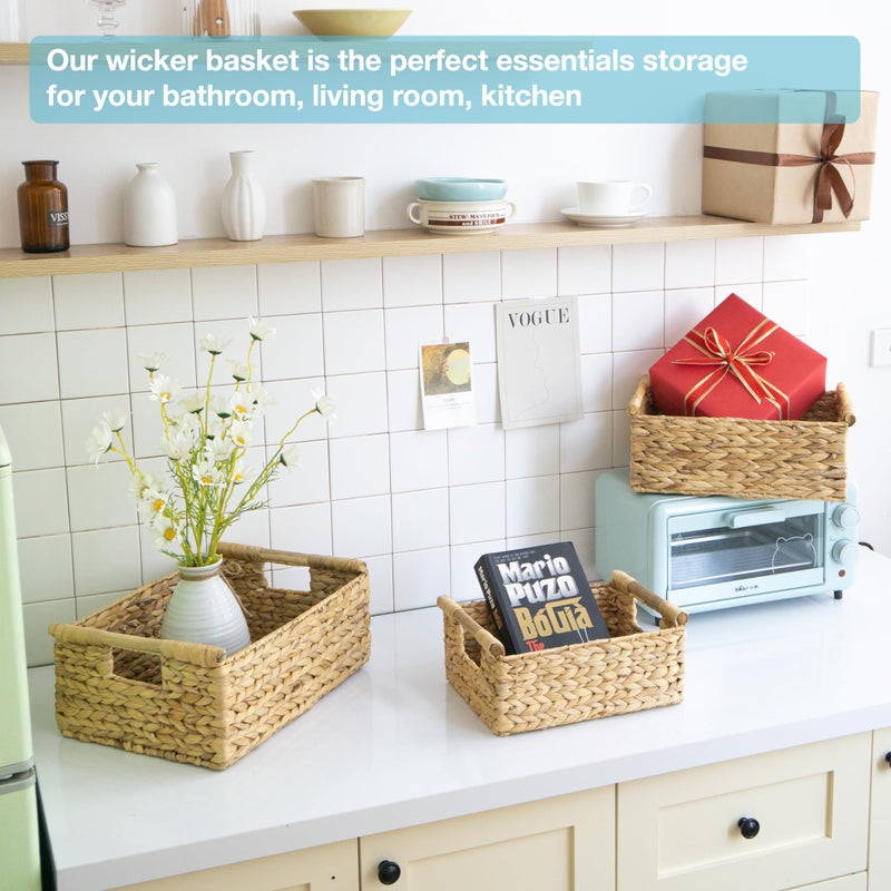 Vatima Hyacinth Wicker Basket Set 3 Size - Rectangular  Wooden Handles  Shelf Organizer  Natural Bins - Image 4