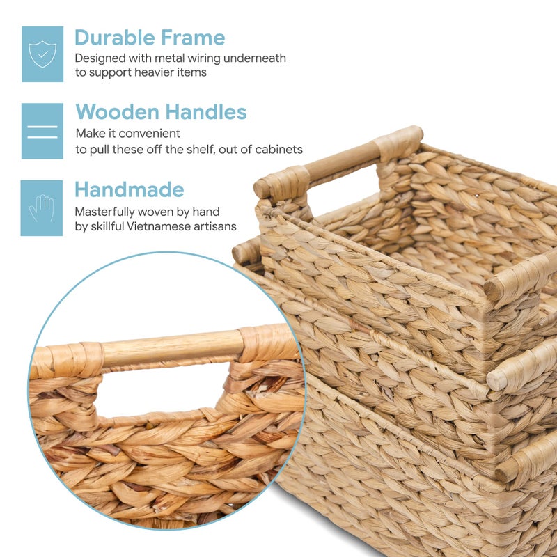 Vatima Hyacinth Wicker Basket Set 3 Size - Rectangular  Wooden Handles  Shelf Organizer  Natural Bins - Image 2
