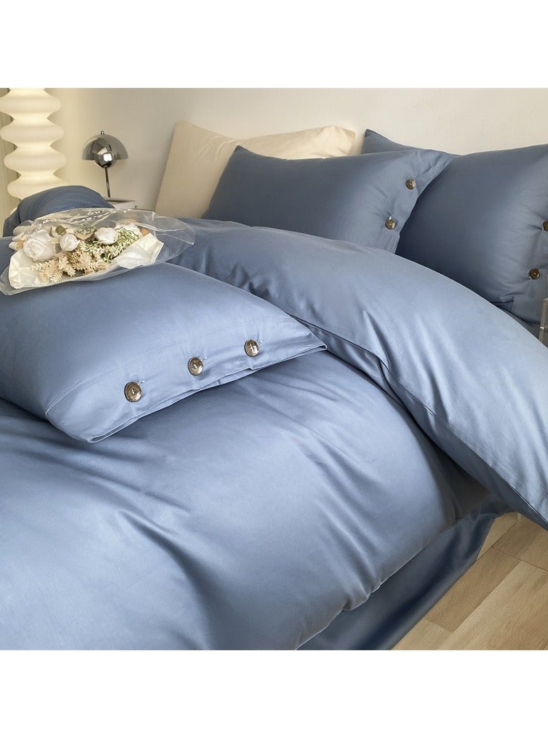 AROAQ Bed Cover Set, Soft Luxurious Pure Bedsheet Set, Long-staple Cotton Simple Solid Color Bed Sheet Quilt Cover Bedding Twill Cotton Set, ( blue, 1.8m fitted sheet set of four)  - Image 1