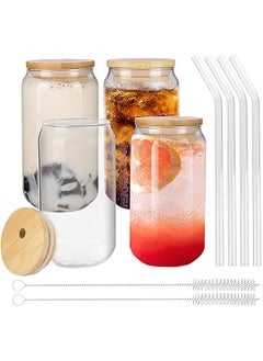 Drinking Glasses with Bamboo Lids and Glass Straw-16oz Can Shaped