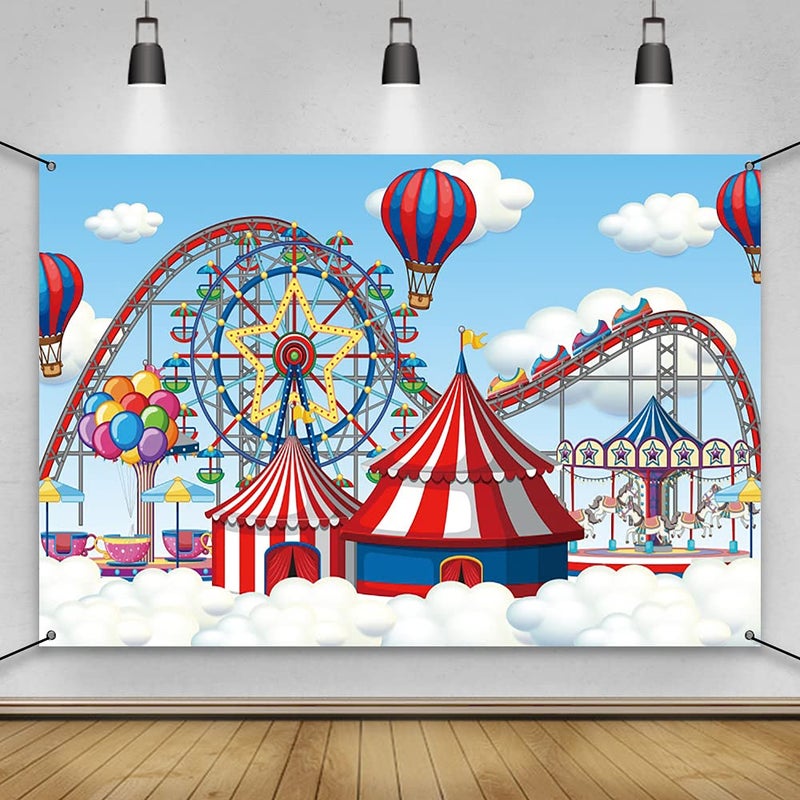 AWERT 6x36ft Happy Birthday Banner Amusement Park Clouds Circus Tent Hot Air Balloon Roller Coaster Sign Poster for Children Bday Decoration Supplies Birthday Party Background - Image 2