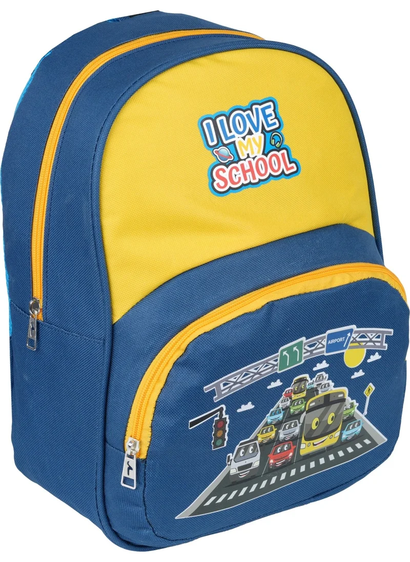 Relaxion 3031 Cars Patterned Navy Blue Yellow Kindergarten Bag