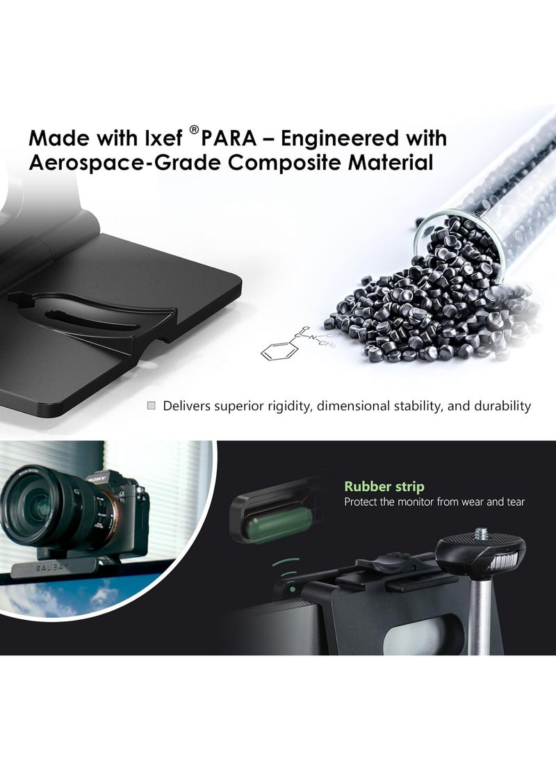 RAUBAY CM02 Monitor Top Camera Mount (Upgraded Version) – Hanging Webcam Clamp, Fits Curved Monitors Up To 1.4", 1/4" Screw Mount, For Live Stream, Video Conferencing & Content Creation. - Image 2