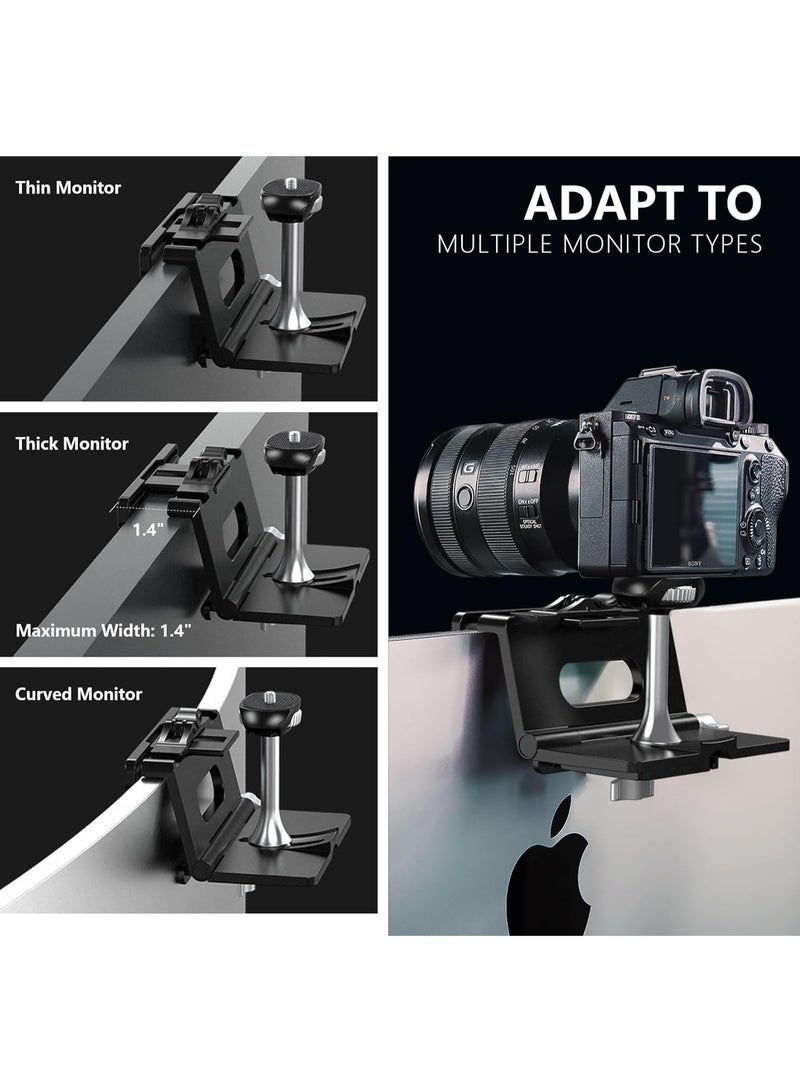 RAUBAY CM02 Monitor Top Camera Mount (Upgraded Version) – Hanging Webcam Clamp, Fits Curved Monitors Up To 1.4", 1/4" Screw Mount, For Live Stream, Video Conferencing & Content Creation. - Image 3
