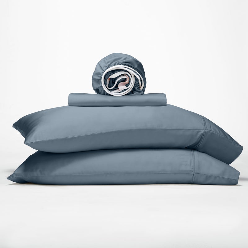 GOKOTTA Split King Size Bed Sheets 5 Piece Set  100% Rayon Derived from Bamboo  Cooling for Hot Sleepers-Breathable Soft Sheets  Deep Pocket 16"" Fitted Sheet with Elastic Corner Straps  Blue - Image 1
