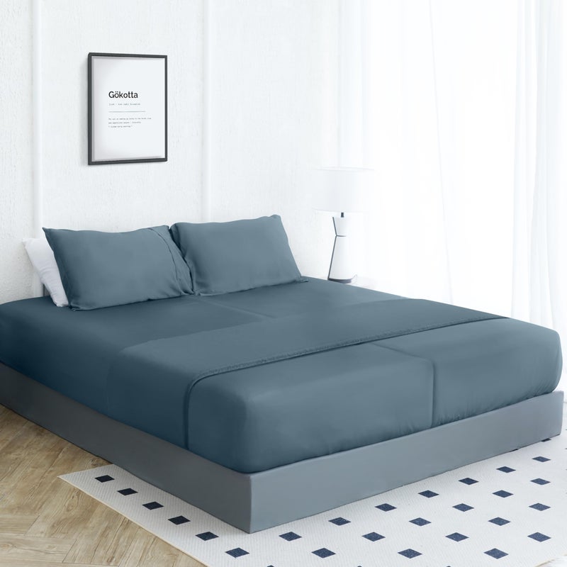 GOKOTTA Split King Size Bed Sheets 5 Piece Set  100% Rayon Derived from Bamboo  Cooling for Hot Sleepers-Breathable Soft Sheets  Deep Pocket 16"" Fitted Sheet with Elastic Corner Straps  Blue - Image 2